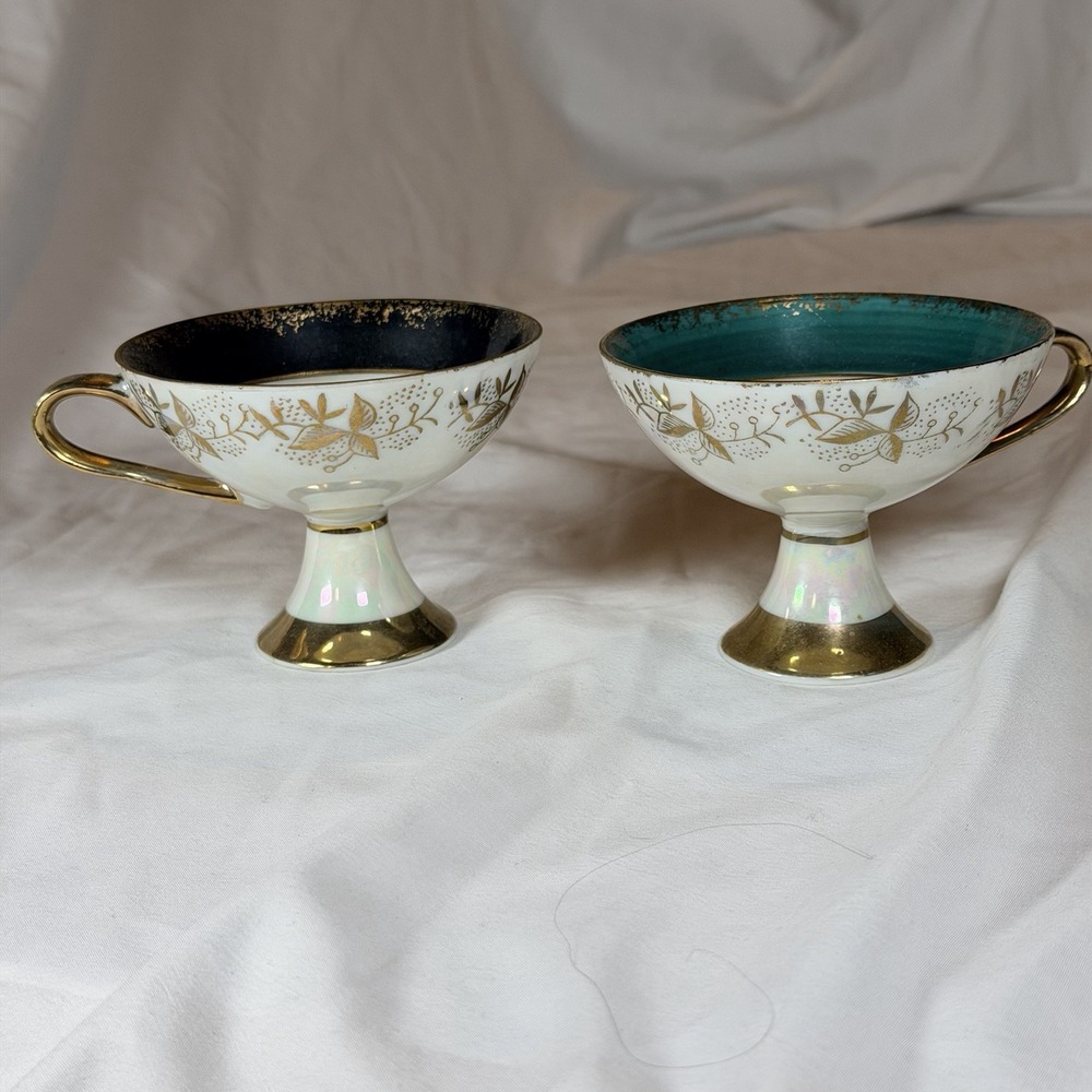 HB Porcelain Cup #3522 Opalescent and Gold Pedestal Cup Made in Japan Set Of 2